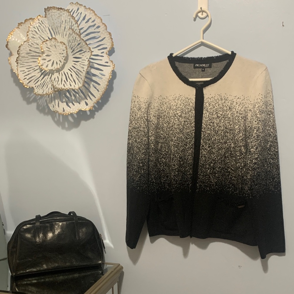 Piccadilly, black and cream cardigan with pockets size medium